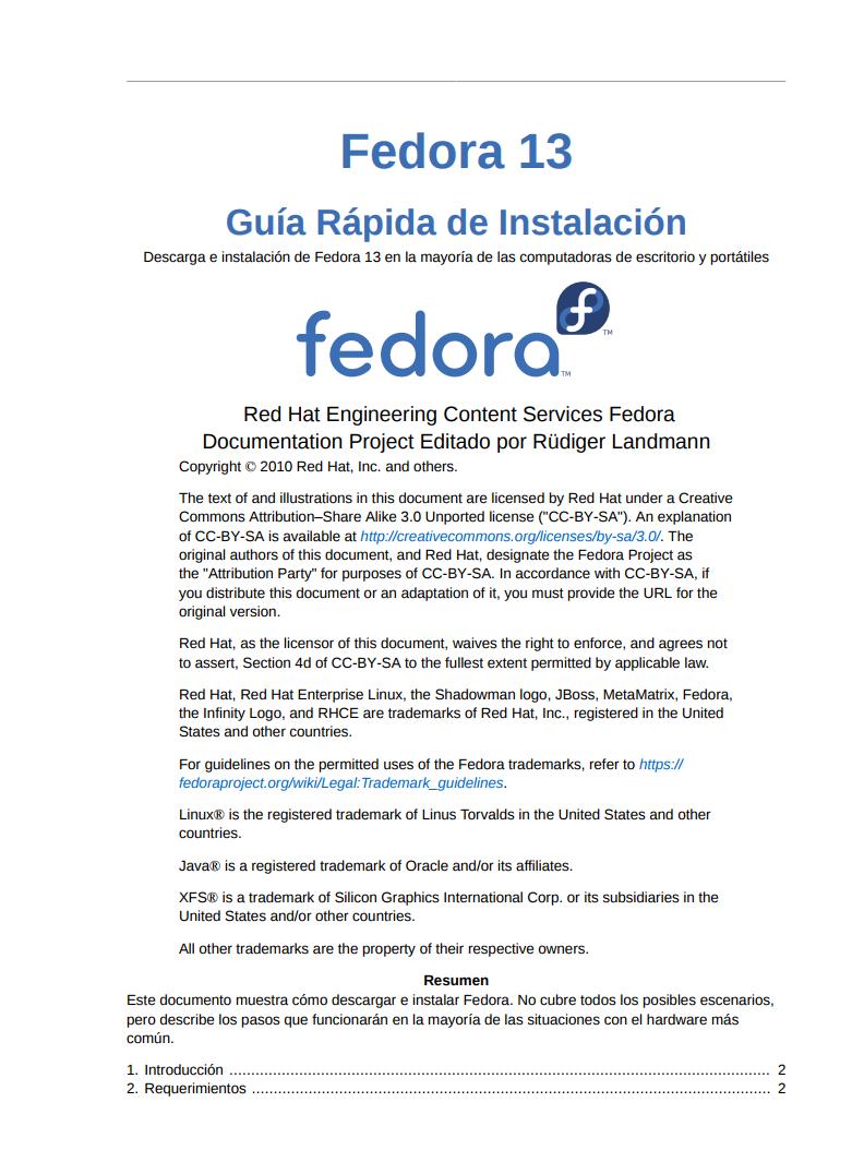 Imágen de pdf Guía Rápida de Instalación - Descarga e instalación de Fedora 13 en la mayoría de las computadoras de escritorio y portátiles